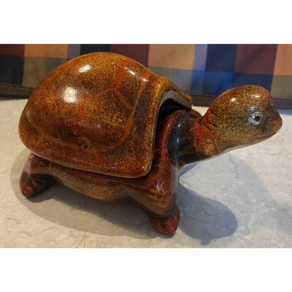Brown /gold/orange Ceramic Turtle Trinket Box with Detachable Shell 6x3.5x2.75” - Picture 1 of 6